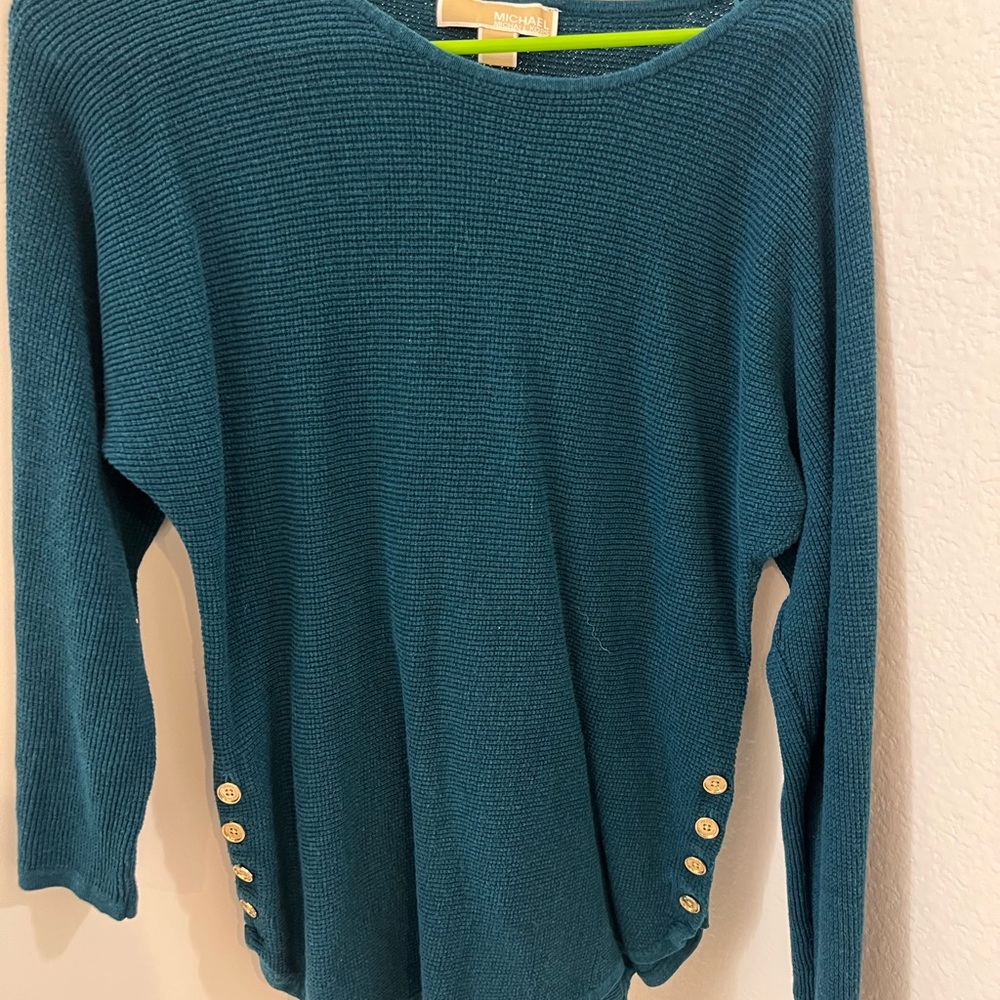 Michael Kors Teal Crewneck Sweater with Gold Side Buttons